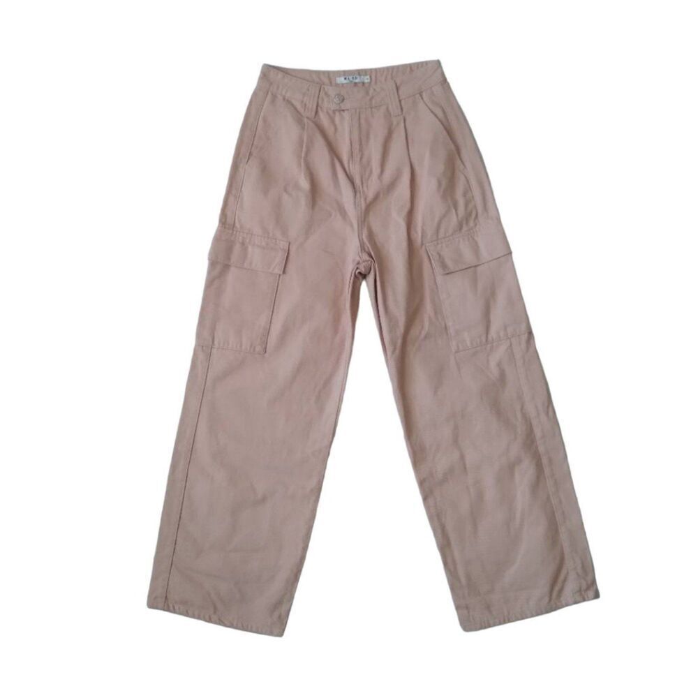 NA-KD Tan Pleated Front High Waisted Wide Leg Cargo Cotton Pants Size 36 Small